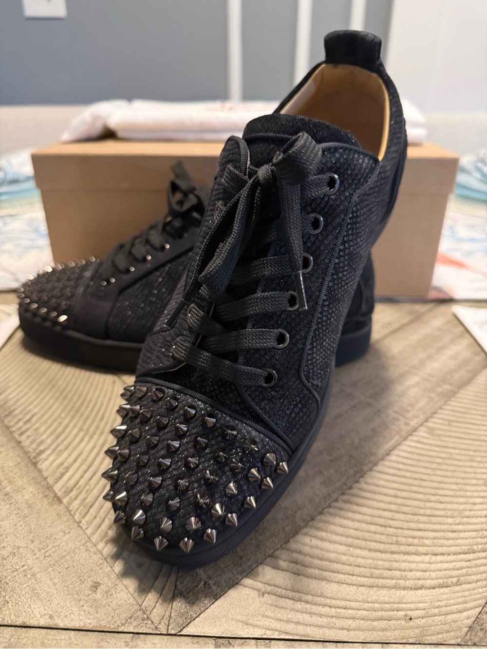 Christian Louboutin Black Studded Lace-Up Sneakers